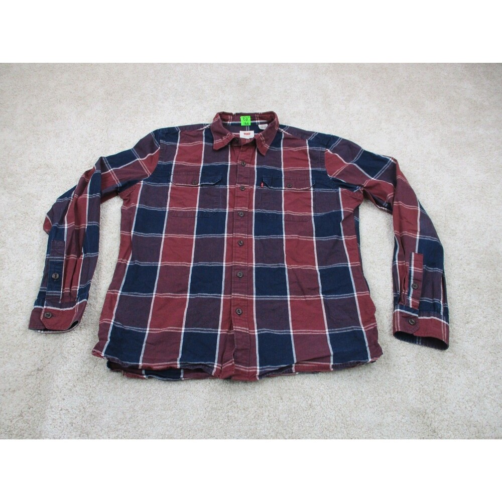 Levis Shirt Mens Large L Red Blue Plaid Cotton Long Sleeve Casual Button Up